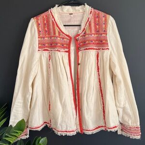 Free People Cream Jacket with Red and Pink Embroidery